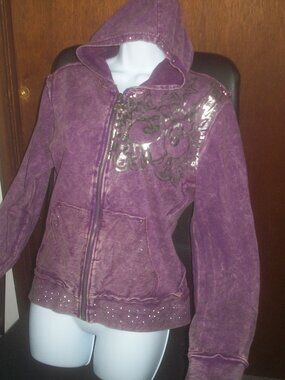 womens Dereon purple mineral wash hoodie. zipper front. silver bling.size large